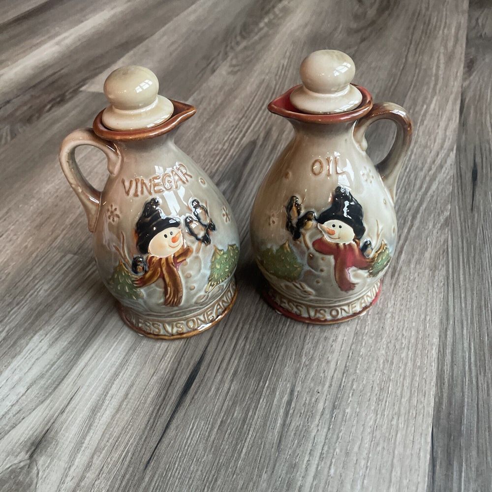 Vinegar & Oil Decanter Ceramic Bless Us One‎ and All Holiday Snowman Winter